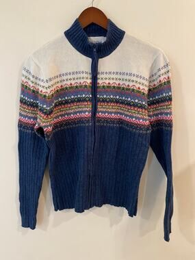 Carly St. Claire Women's Sweater L Half-Zip Fair Isle Pattern Blue White Cottage